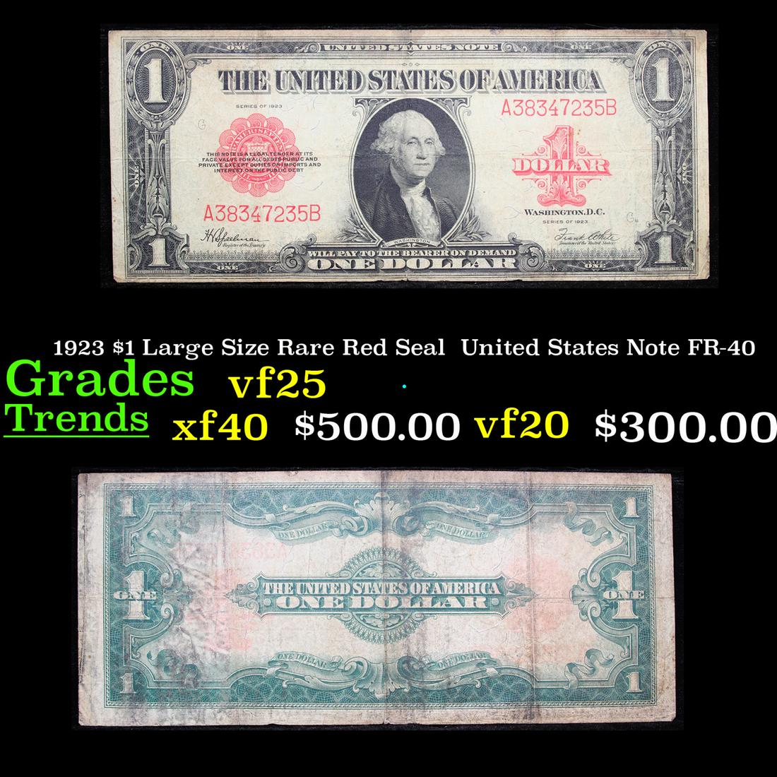 1923 $1 Large Size Rare Red Seal  United States Note (1 of 3)