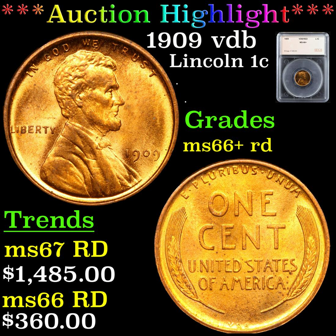 ***Auction Highlight*** 1909 vdb Lincoln Cent 1c Graded (1 of 5)
