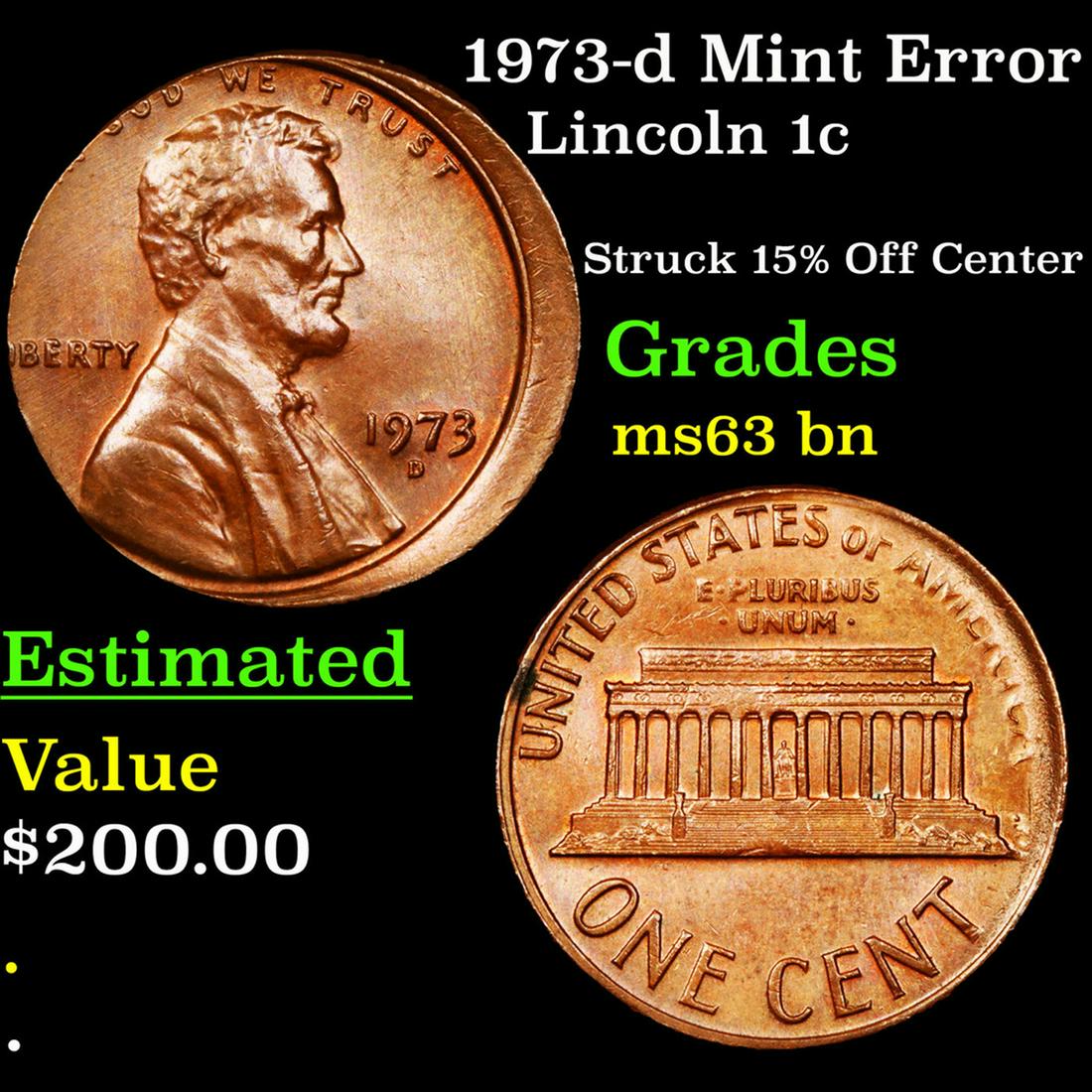 1973-d Mint Error Lincoln Cent 1c Grades Select Unc BN (1 of 3)