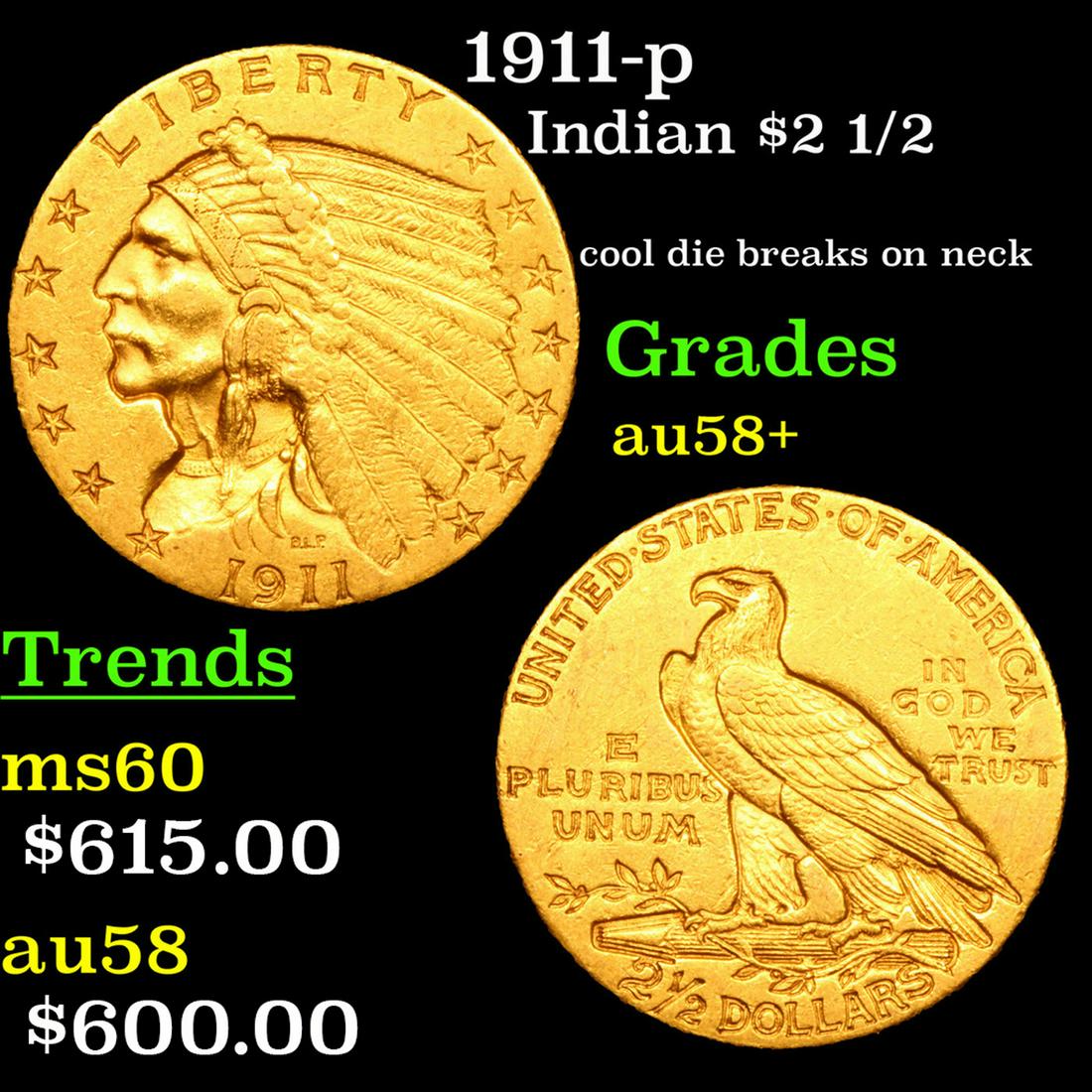 1911-p Gold Indian Quarter Eagle $2 1/2 Grades Choice (1 of 3)