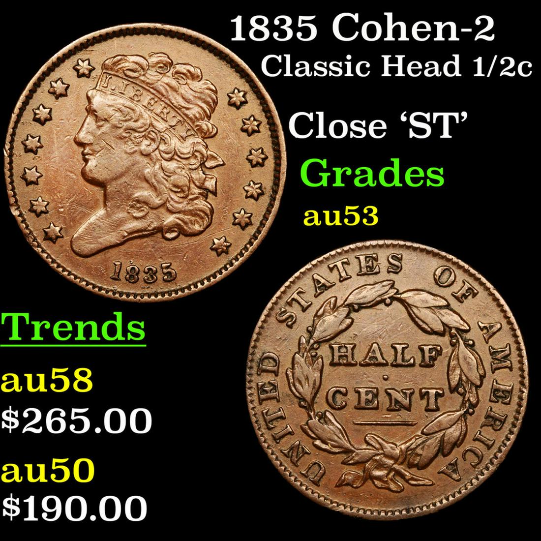 1835 Cohen-2 Classic Head half cent 1/2c Grades Select (1 of 3)