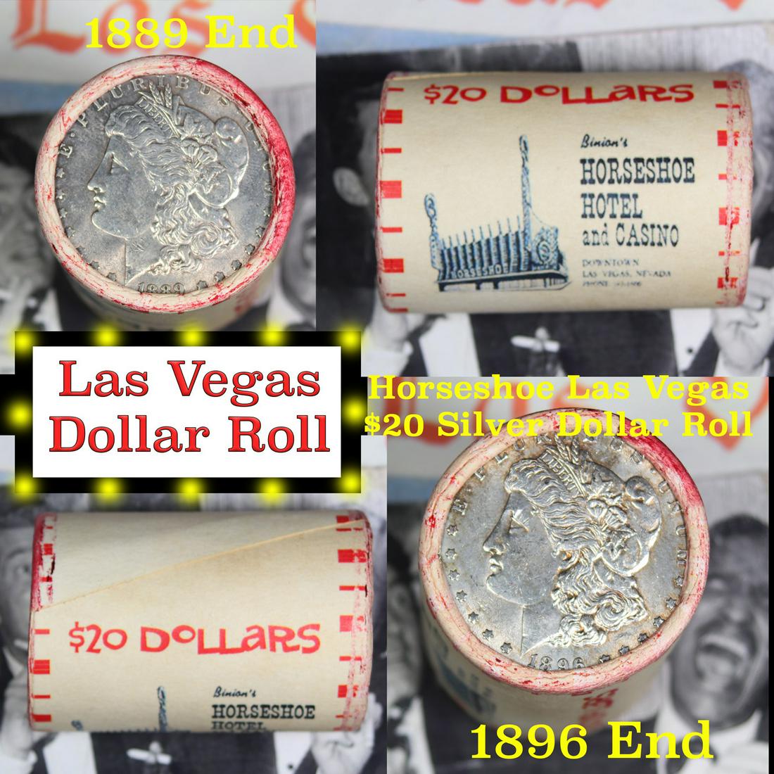 ***Auction Highlight*** Full Morgan/Peace Casino Las: ***Auction Highlight*** Full Morgan/Peace Casino Las Vegas Horseshoe silver $1 roll $20, 1889 & 1896 end. This roll is held in an old casino wrapper from the Horseshoe Hotel and Casino in Las Vegas. T