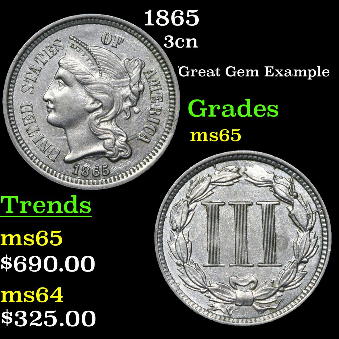 1865 Three Cent Copper Nickel 3cn Grades Gem Unc