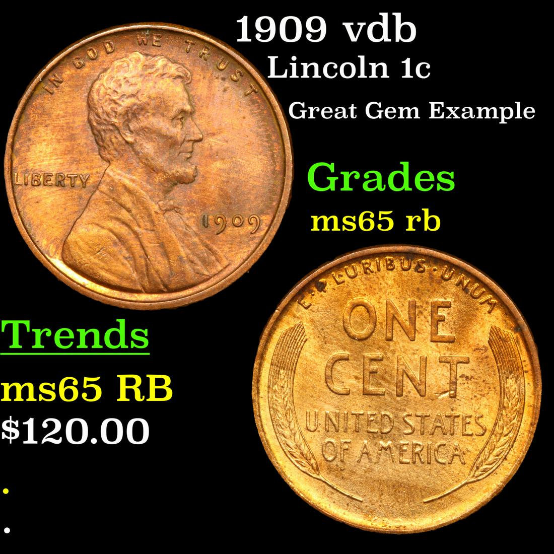 1909 vdb Lincoln Cent 1c Grades GEM Unc RB (1 of 3)
