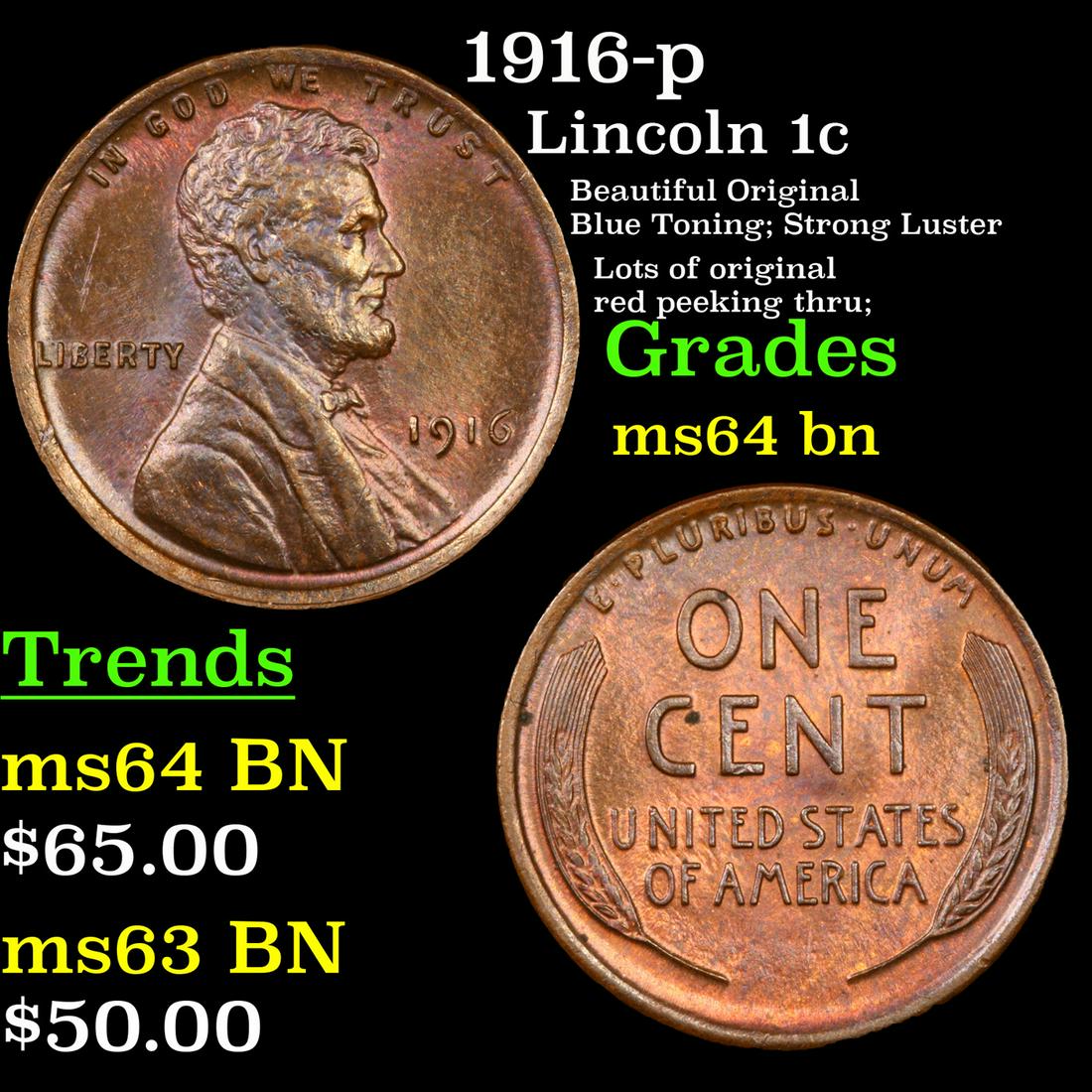 1916-p Lincoln Cent 1c Grades Choice Unc BN (1 of 3)