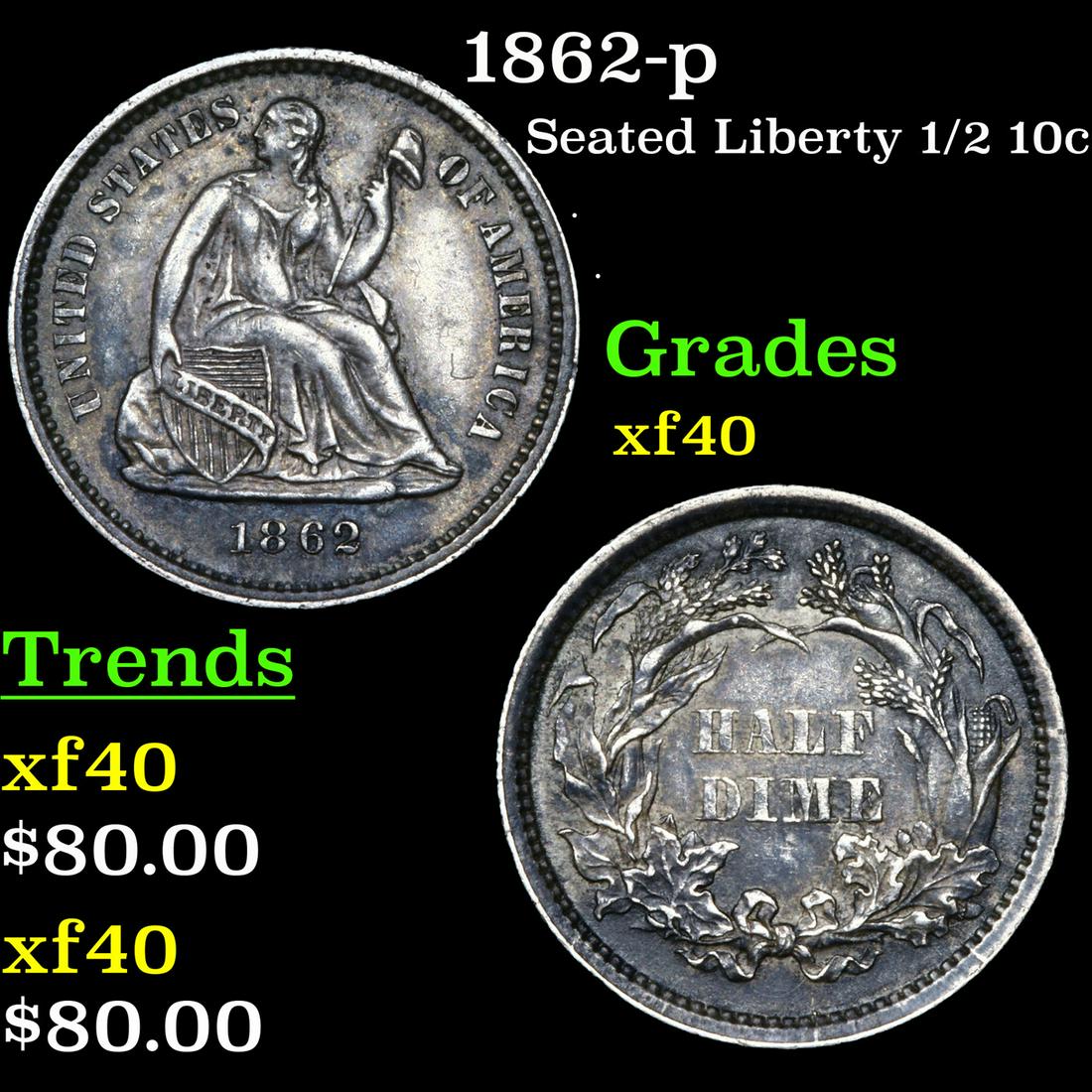 1862-p Seated Liberty Half Dime 1/2 10c Grades xf (1 of 3)