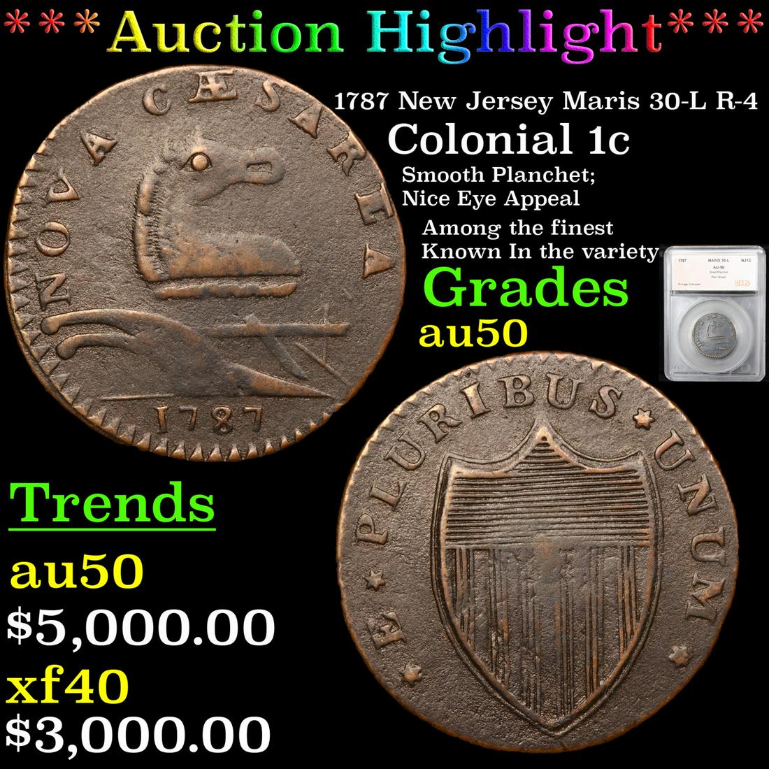 ***Auction Highlight*** 1787 New Jersey Maris 30-L R-4 (1 of 5)