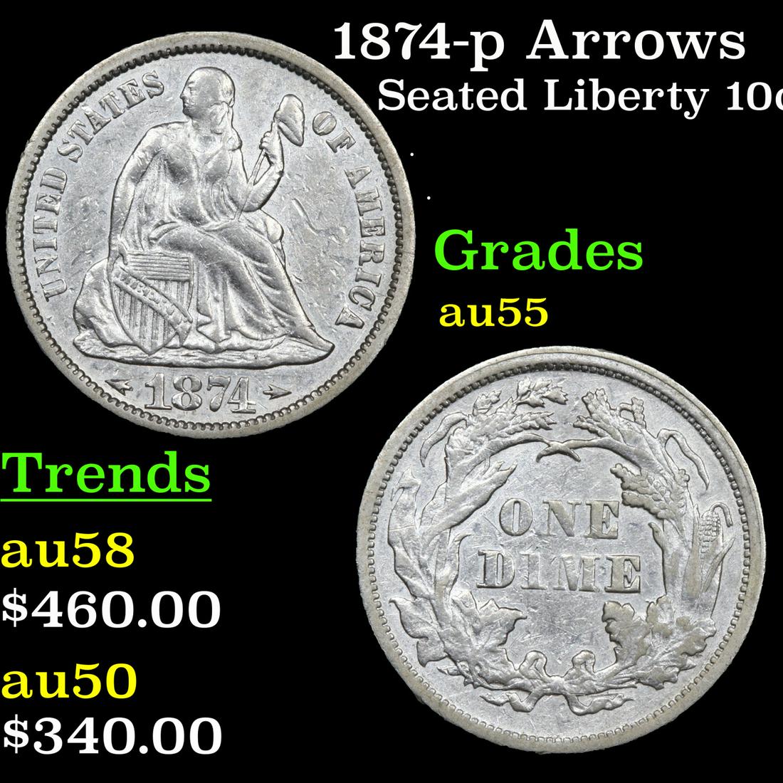 1874-p Arrows Seated Liberty 10c Grades Choice AU (1 of 3)