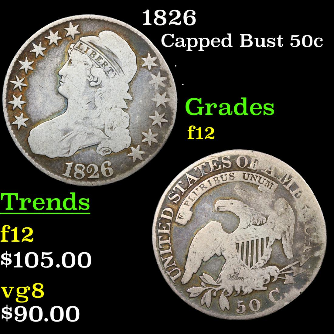 1826 Capped Bust 50c Grades f, fine (1 of 3)