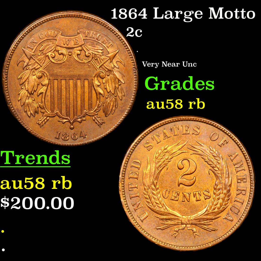1864 Large Motto 2c Grades Au/Bu Slider RB (1 of 3)