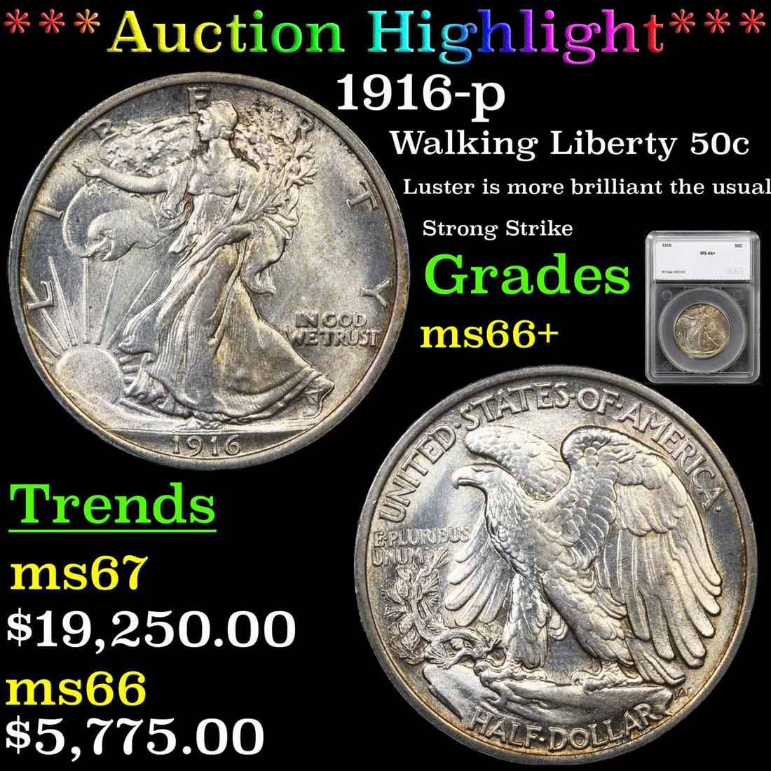 *Highlight* 1916-p Walking Liberty 50c Graded ms66+ (1 of 5)