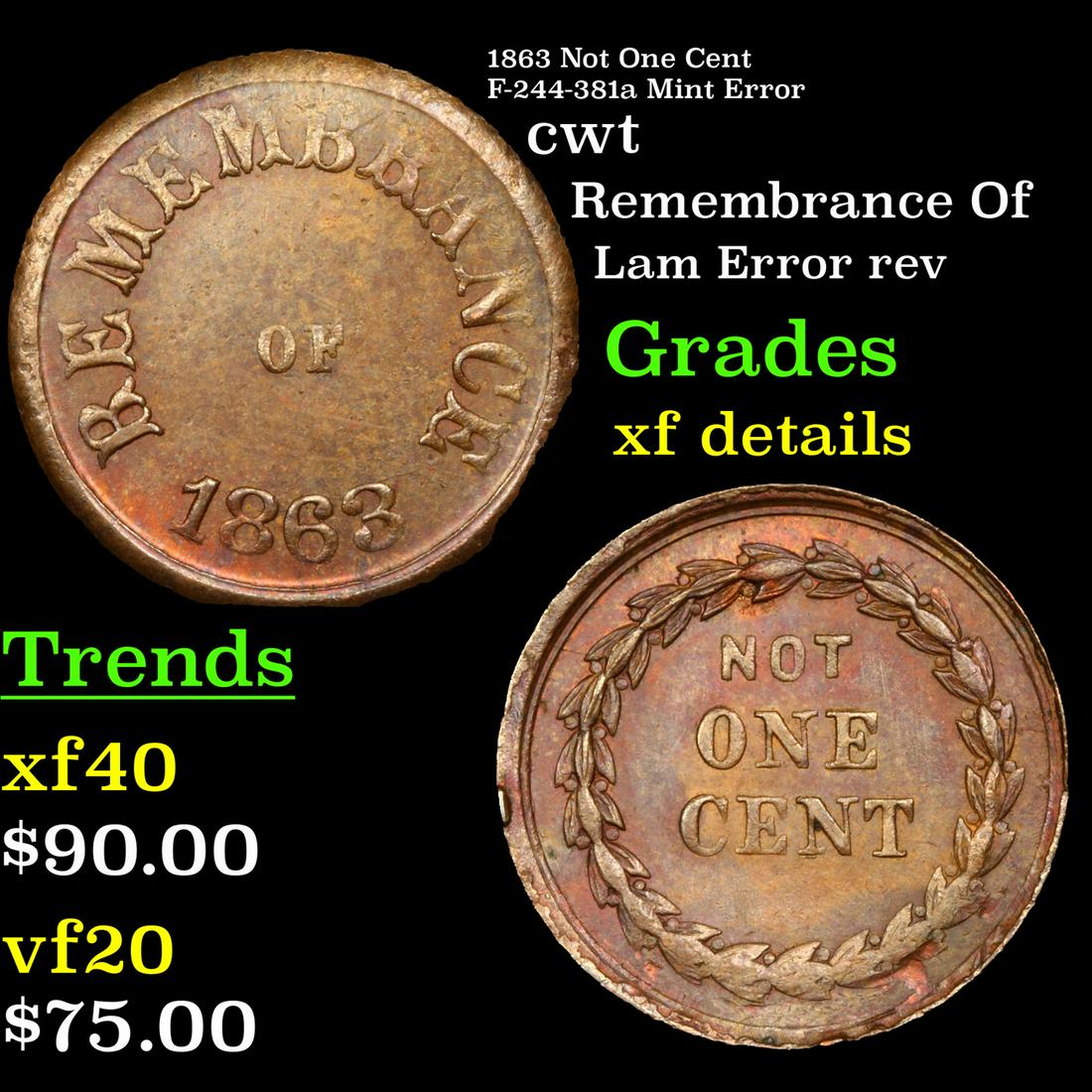 1863 Not One Cent F-244-381a Mint Error cwt Grades xf (1 of 3)