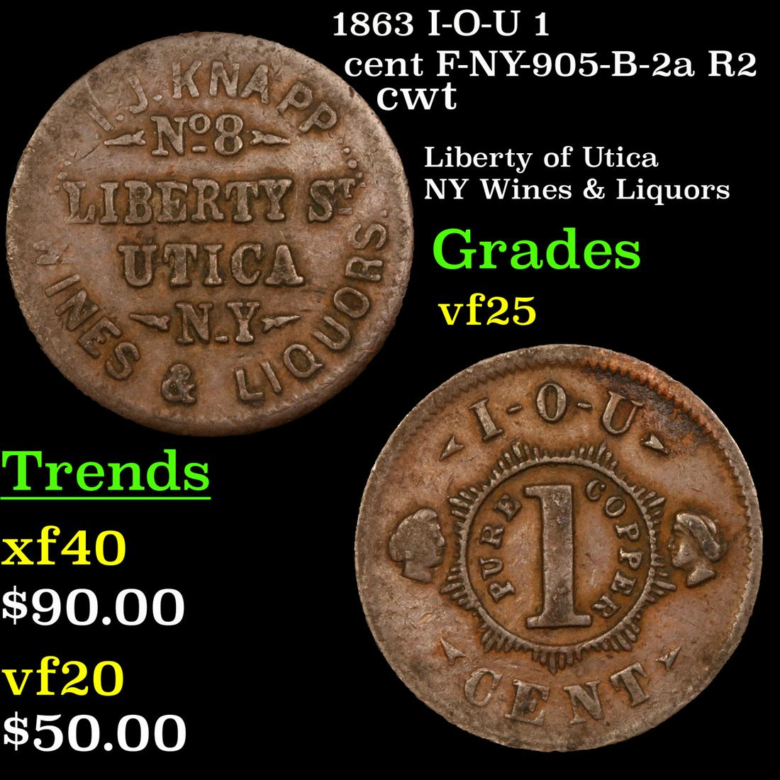 1863 I-O-U 1 cent F-NY-905-B-2a R2 cwt Grades vf+ (1 of 3)
