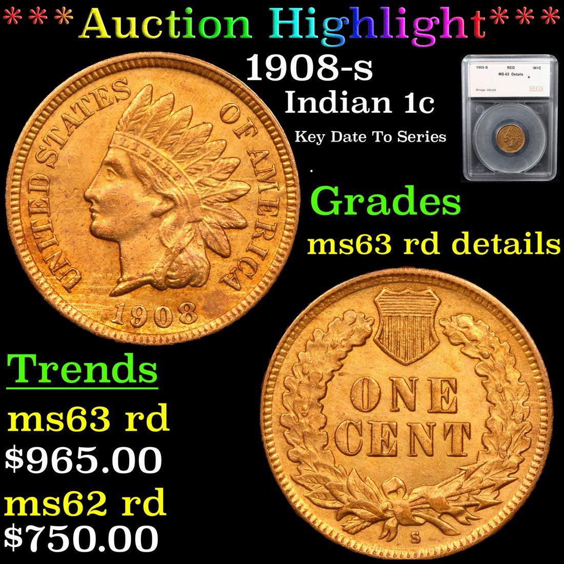 ***Auction Highlight*** 1908-s Indian Cent 1c Graded (1 of 5)