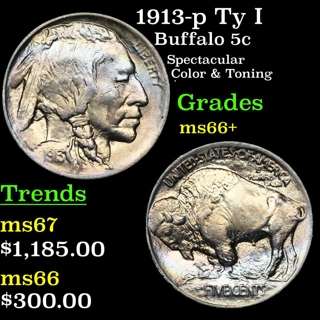 1913-p Ty I Buffalo Nickel 5c Grades GEM++ Unc (1 of 3)