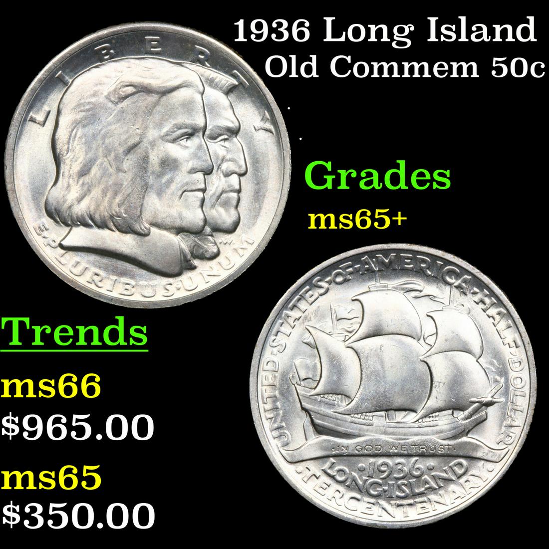 1936 Long Island Old Commem Half Dollar 50c Grades GEM+ (1 of 3)