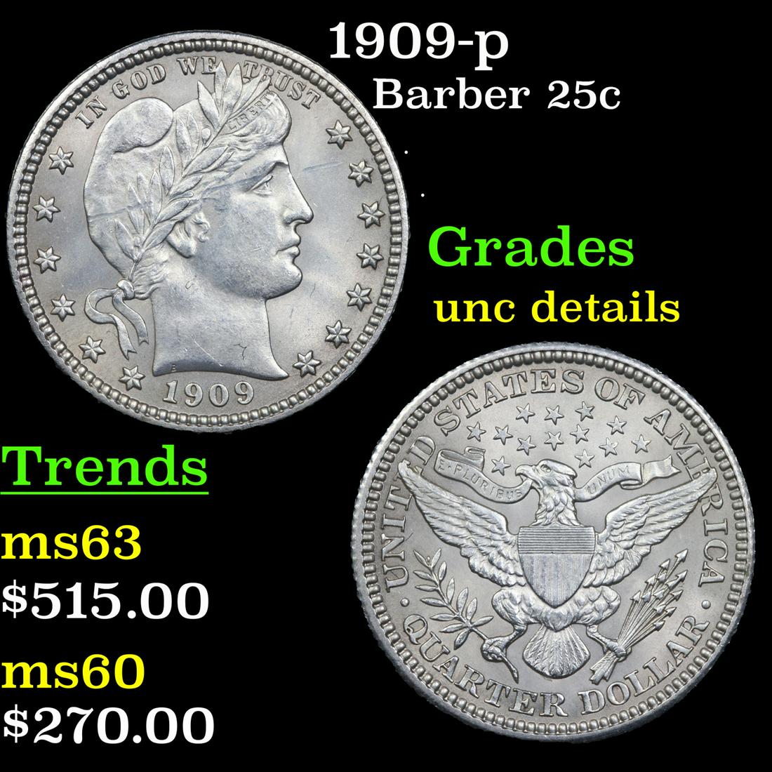 1909-p Barber Quarter 25c Grades Unc Details (1 of 3)