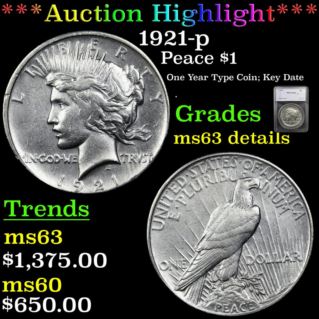***Auction Highlight*** 1921-p Peace Dollar $1 Graded (1 of 5)