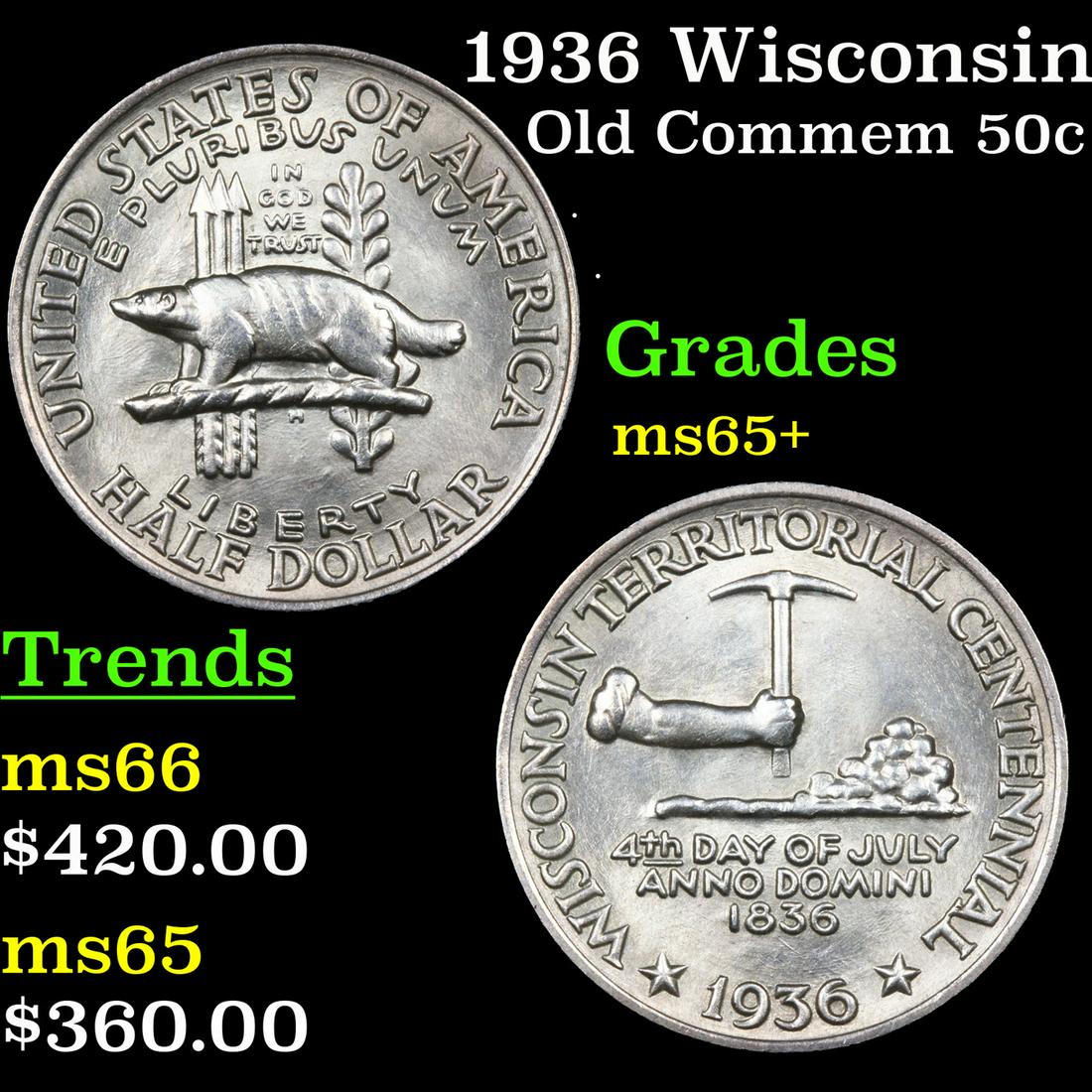 1936 Wisconsin Old Commem Half Dollar 50c Grades GEM+ (1 of 3)