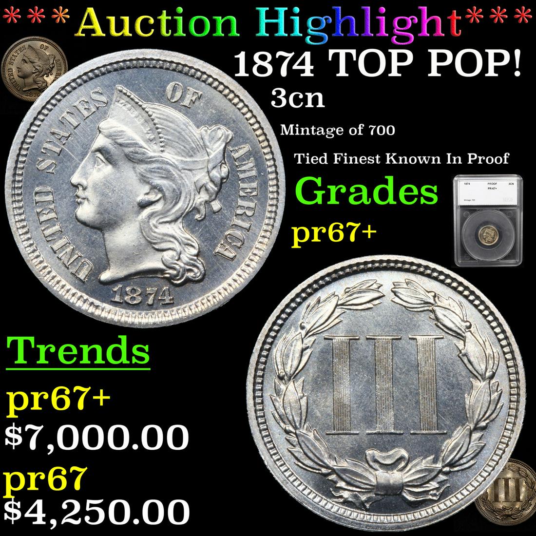 Proof ***Auction Highlight*** 1874 TOP POP! Three Cent (1 of 7)
