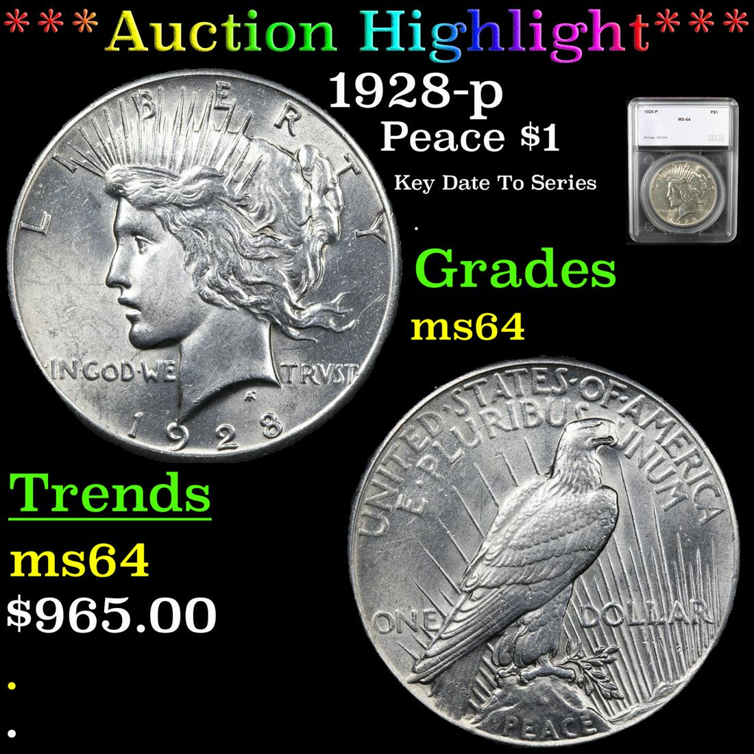 ***Auction Highlight*** 1928-p Peace Dollar $1 Graded (1 of 5)
