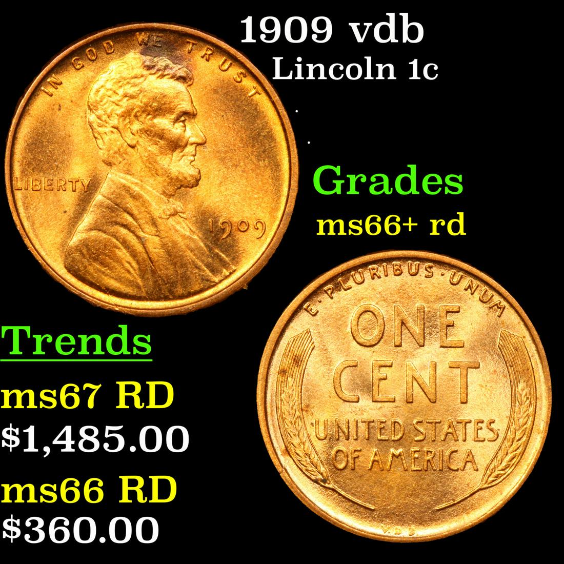 1909 vdb Lincoln Cent 1c Grades GEM++ RD (1 of 3)