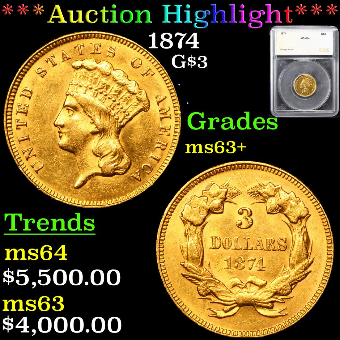***Auction Highlight*** 1874 Three Dollar Gold 3 Graded (1 of 5)