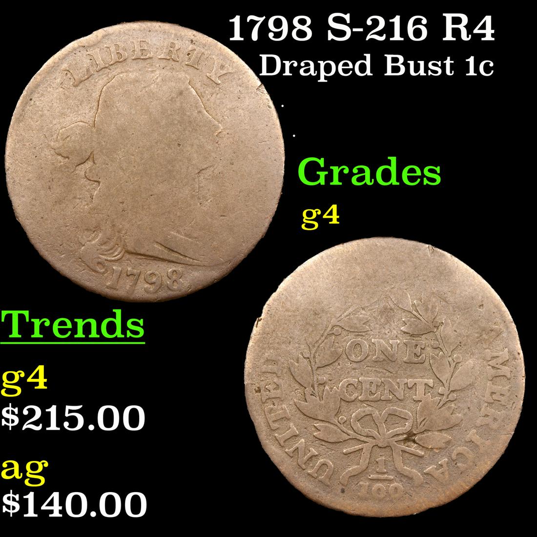 1798 S-216 R4 Draped Bust Large Cent 1c Grades g, good (1 of 3)