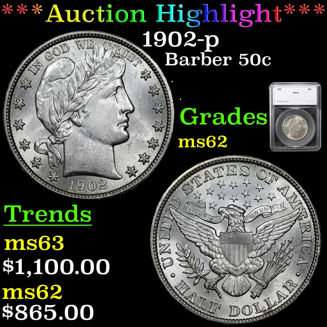 ***Auction Highlight*** 1902-p Barber Half Dollars 50c (1 of 5)