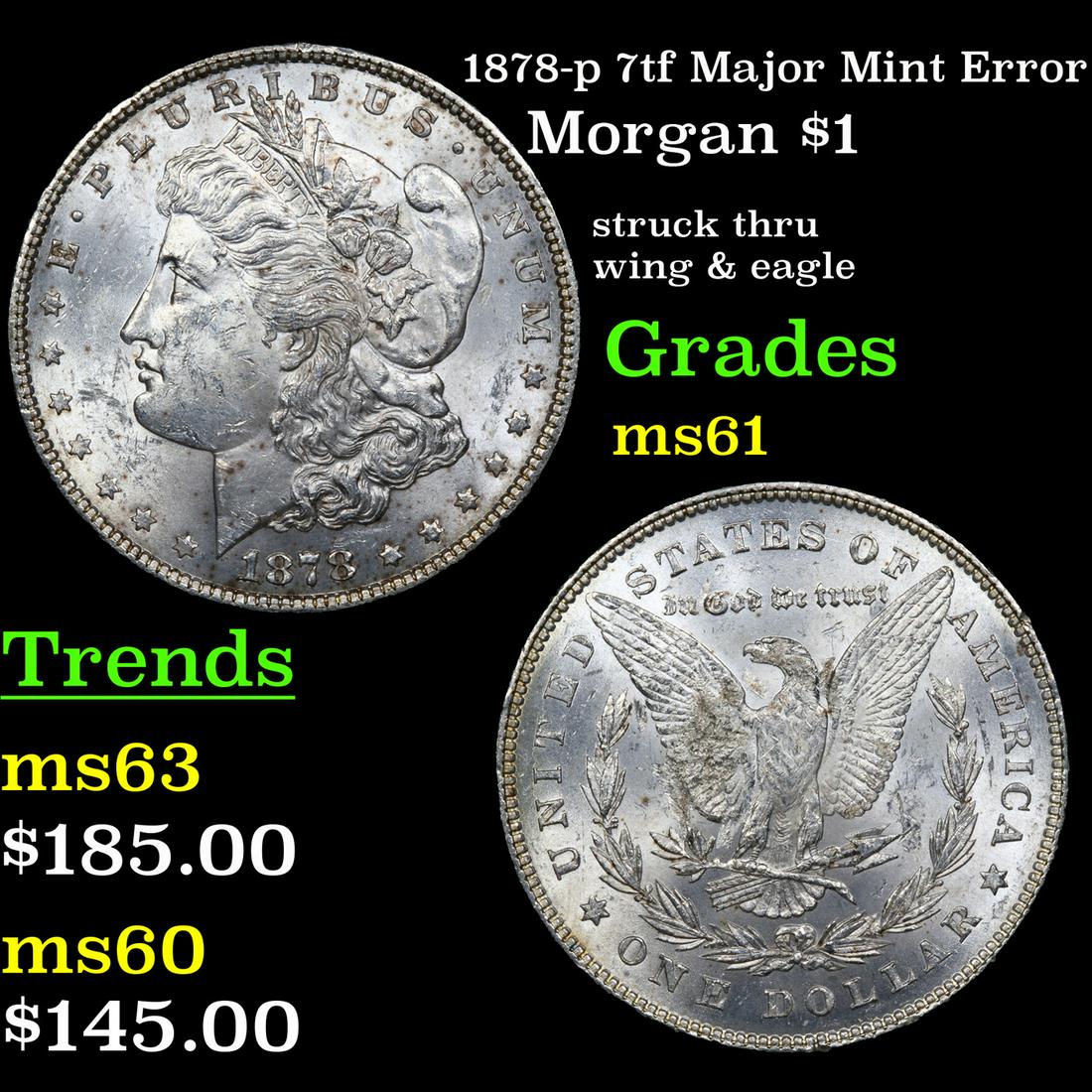 1878-p 7tf Major Mint Error Morgan Dollar $1 Grades BU+ (1 of 3)