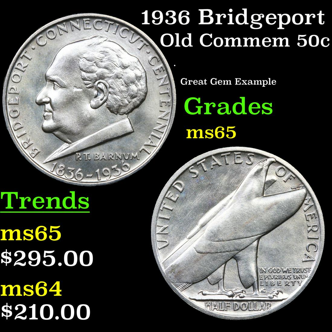 1936 Bridgeport Old Commem Half Dollar 50c Grades GEM (1 of 3)