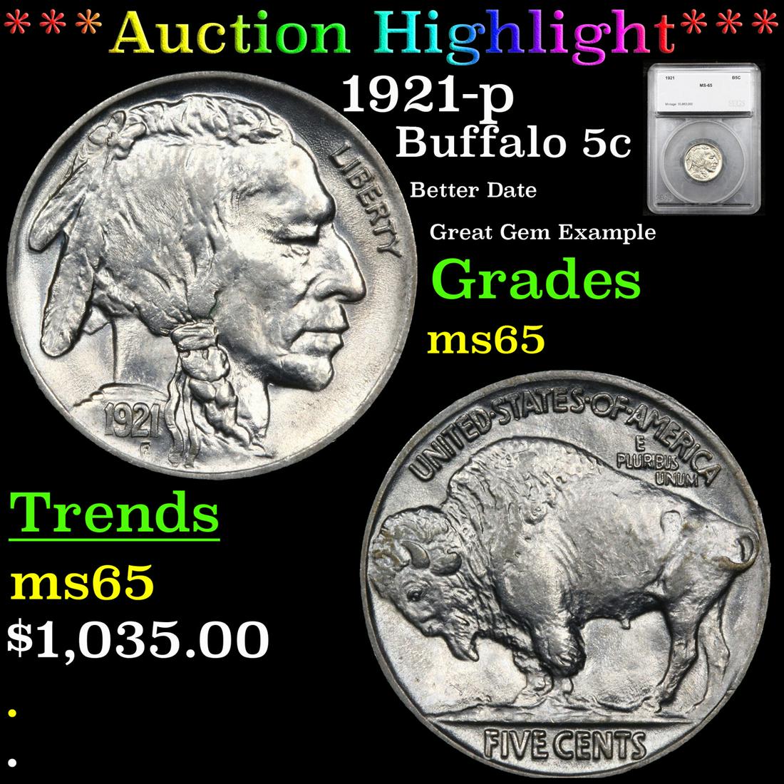 ***Auction Highlight*** 1921-p Buffalo Nickel 5c Graded (1 of 5)