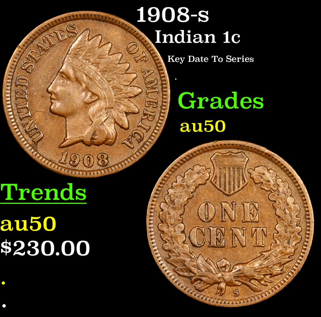 1908-s Indian Cent 1c Grades AU, Almost Unc (1 of 3)