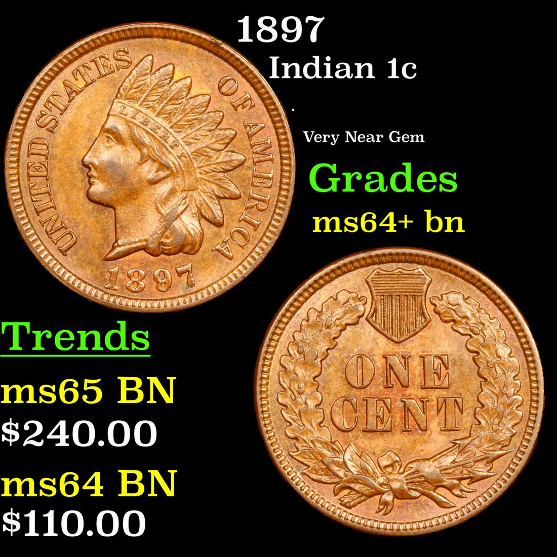 1897 Indian Cent 1c Grades Choice+ Unc BN (1 of 3)