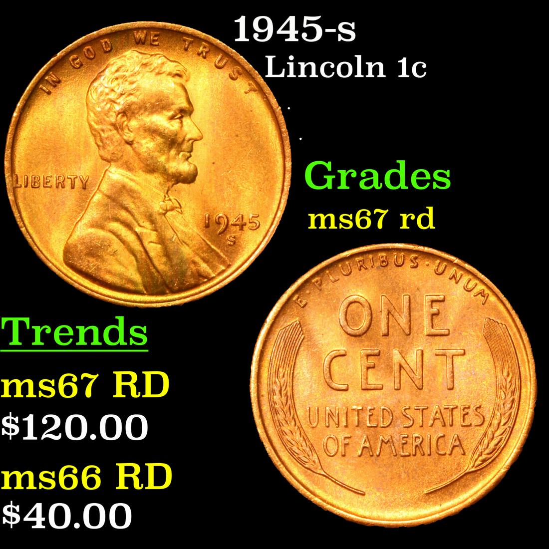 1945-s Lincoln Cent 1c Grades GEM++ Unc RD (1 of 3)