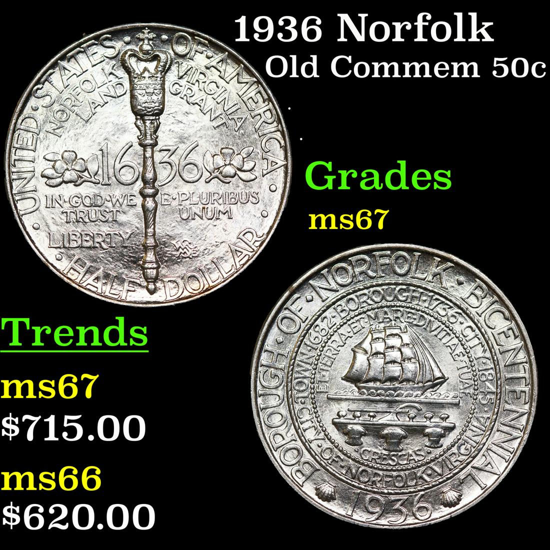 1936 Norfolk Old Commem Half Dollar 50c Grades GEM++ (1 of 3)
