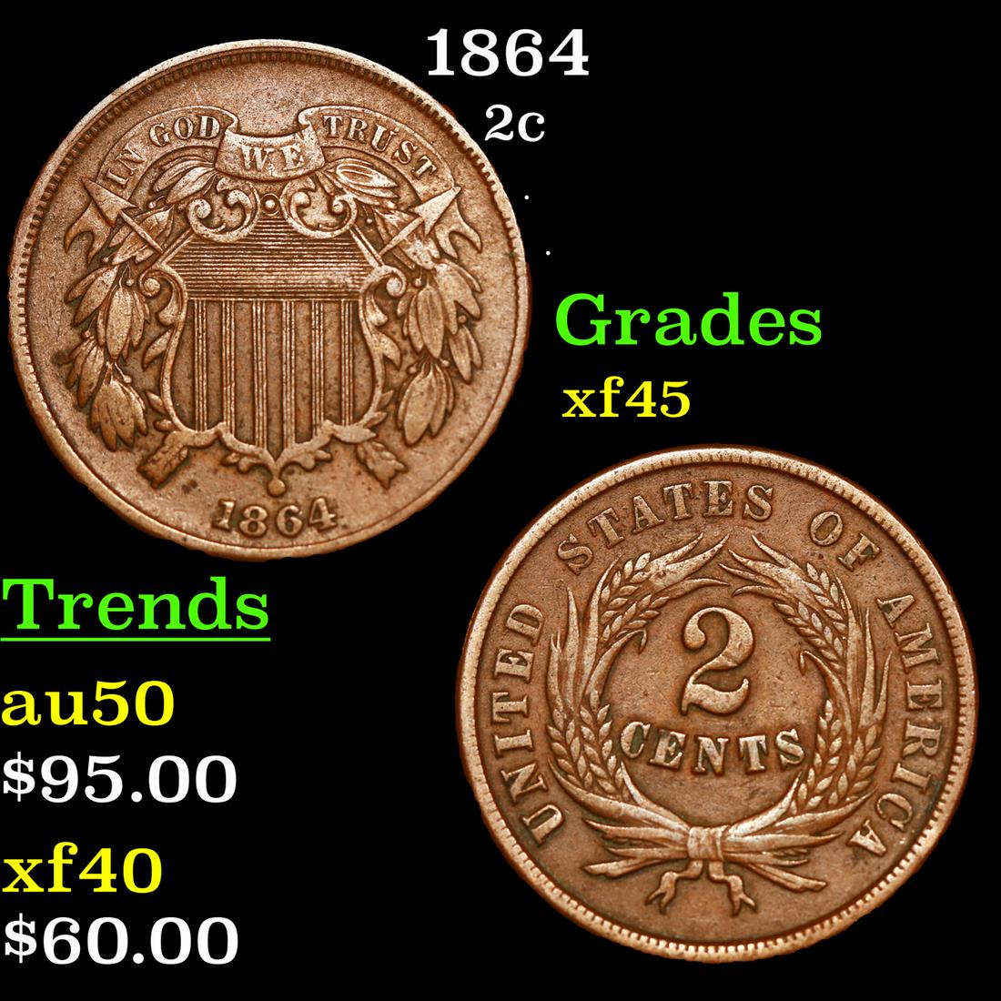1864 Two Cent Piece 2c Grades xf+ (1 of 3)