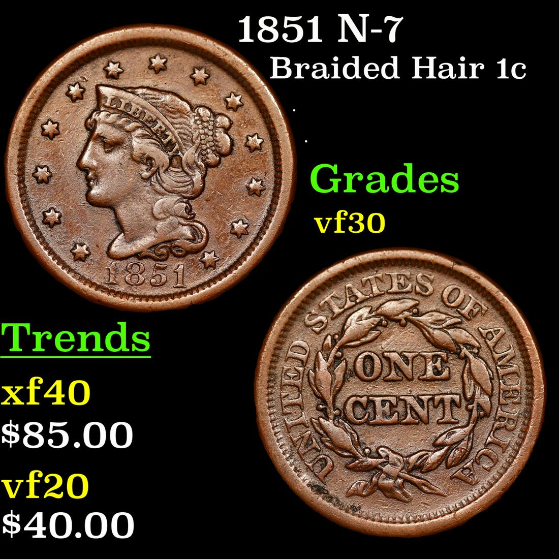 1851 N-7 Braided Hair Large Cent 1c Grades vf++ (1 of 3)