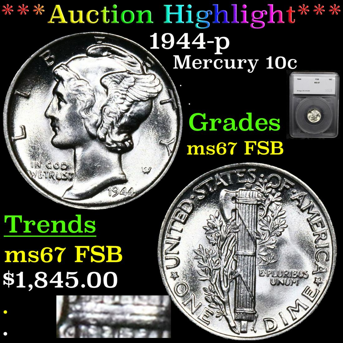 ***Auction Highlight*** 1944-p Mercury Dime 10c Graded (1 of 6)