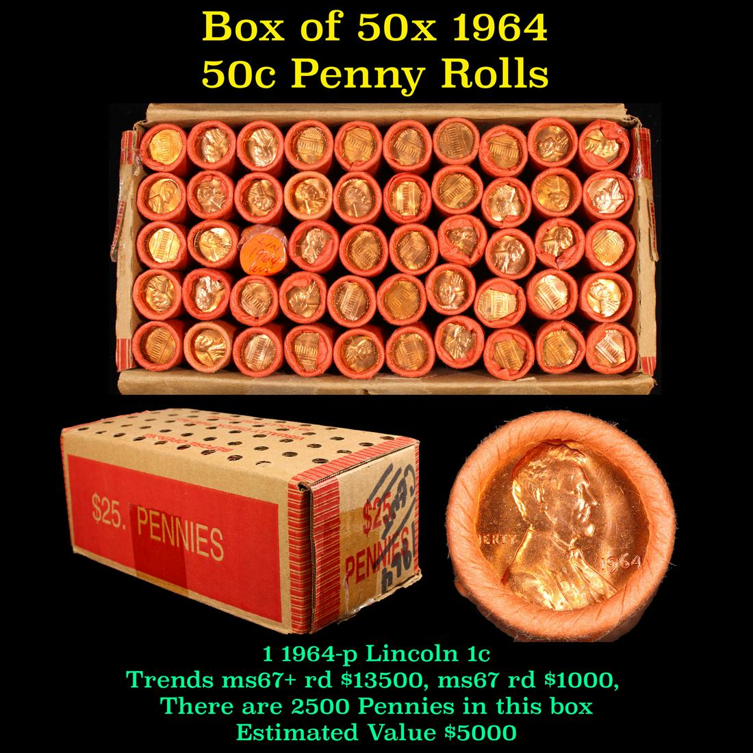 Box of 50 Rolls of 1964-p Gem Unc Lincoln Cents 1c, 50 (1 of 4)