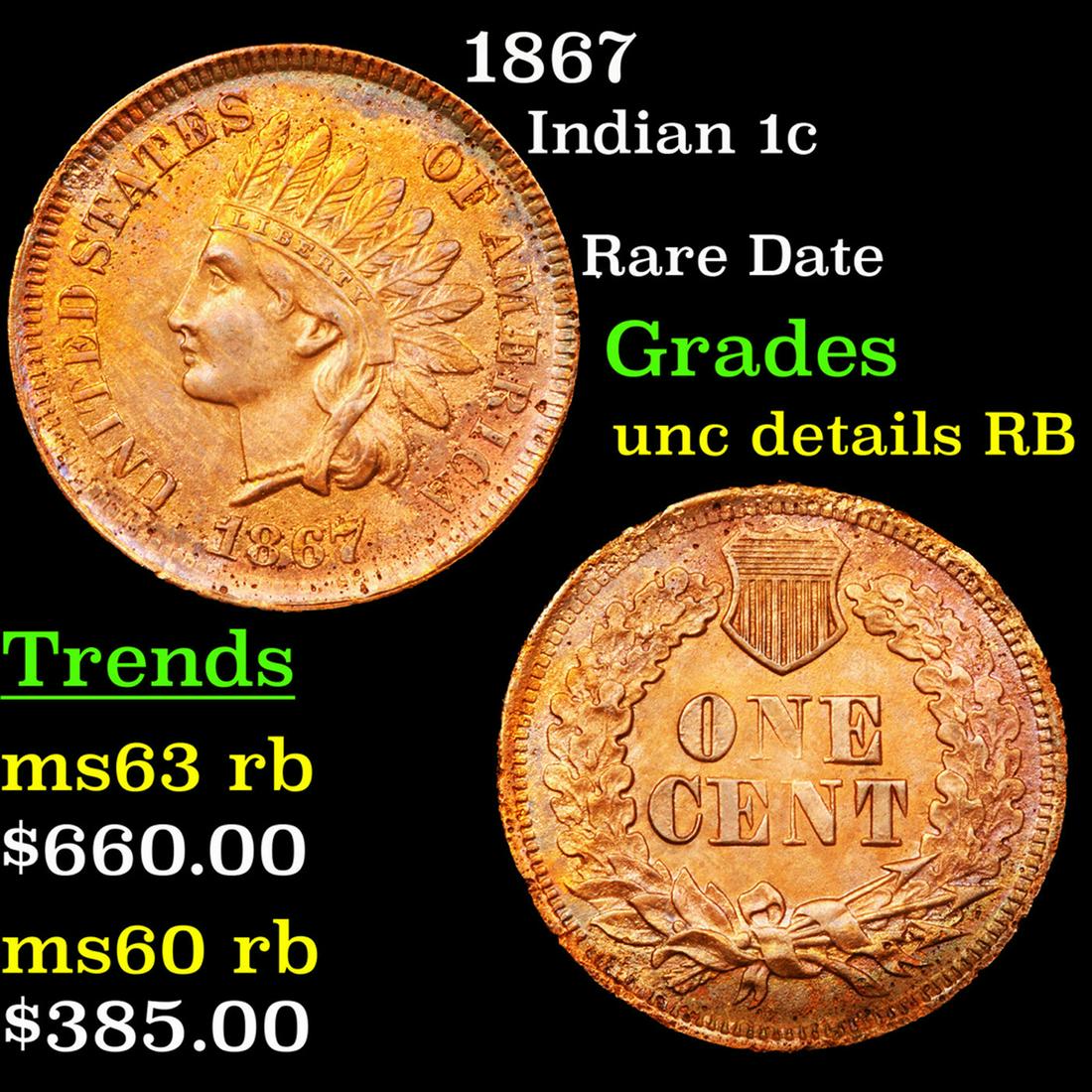 1867 Indian Cent 1c Grades Unc Detais RB (1 of 3)