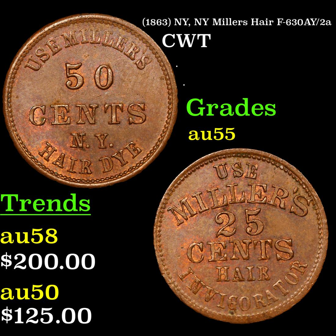 (1863) NY, NY Millers Hair F-630AY/2a Civil War Token (1 of 3)