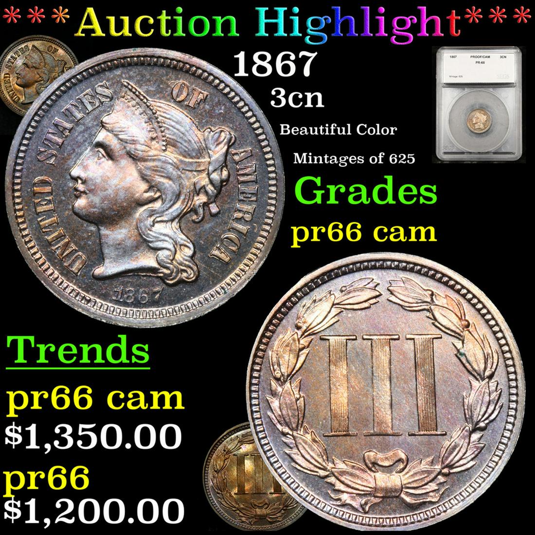 Proof ***Auction Highlight*** 1867 Three Cent Copper (1 of 7)