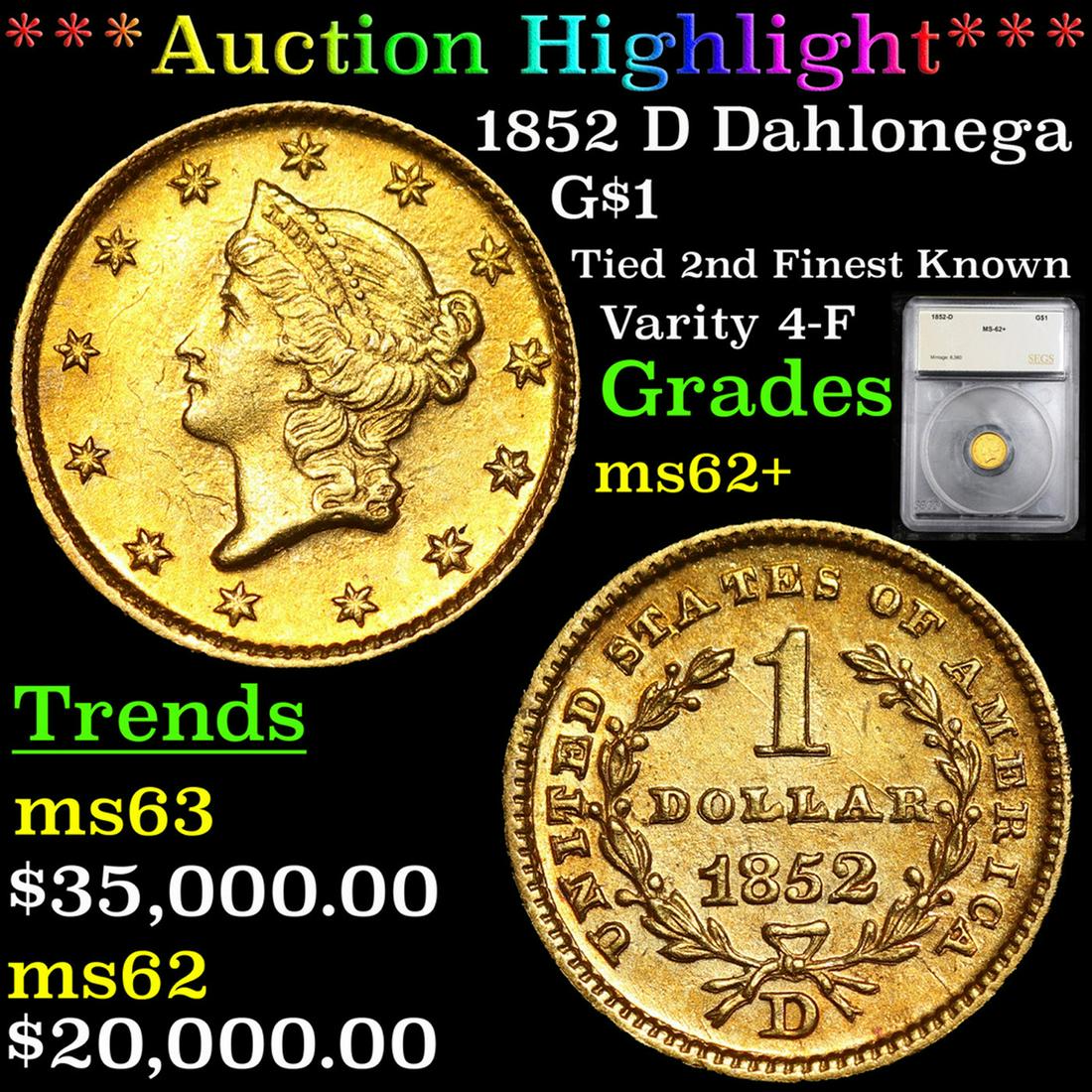 ***Auction Highlight*** 1852 D Dahlonega Gold Dollar $1 (1 of 5)