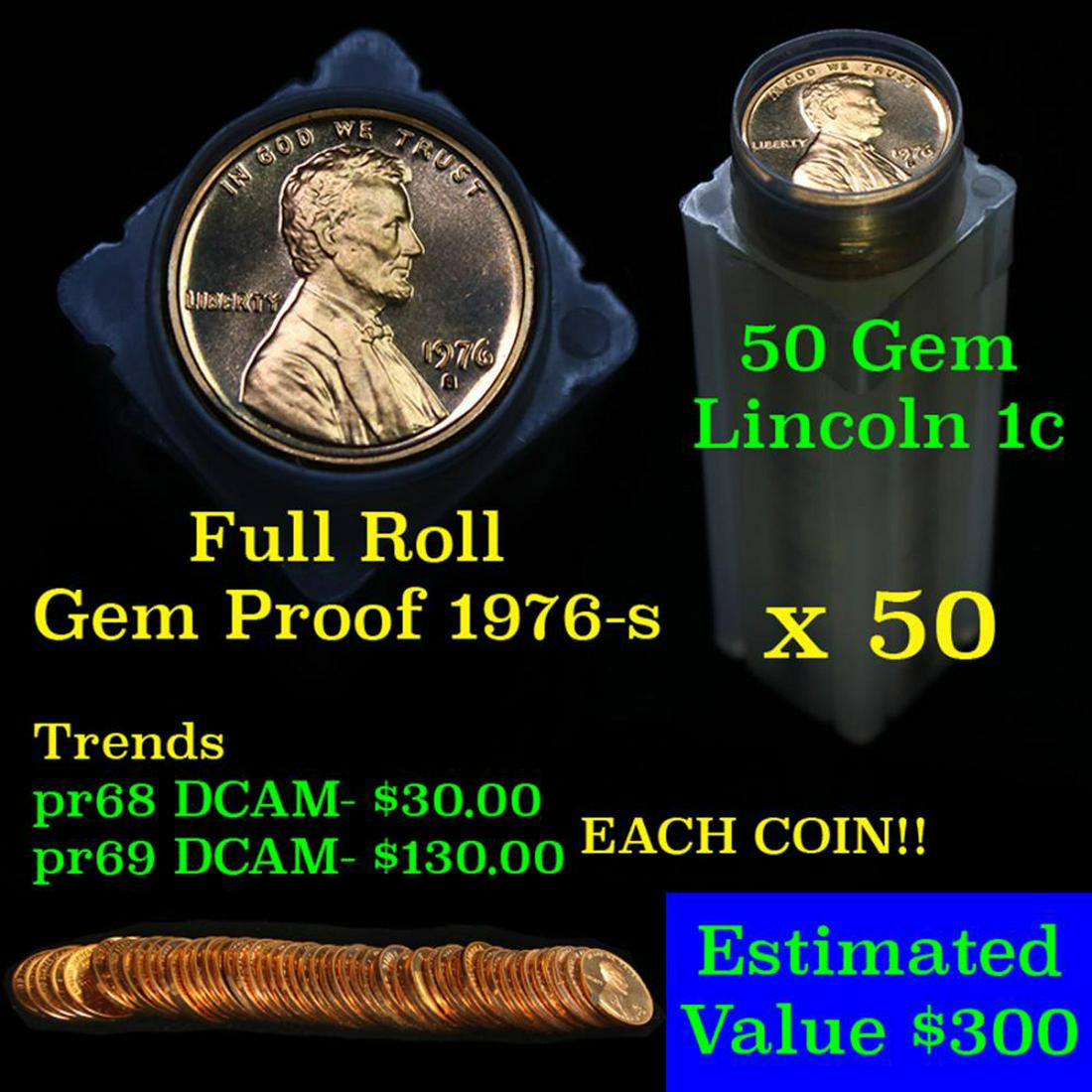 Full 1c proof roll, 1976-s Lincoln Cents: Full 1c proof roll, 1976-s Lincoln Cents. A terrific roll of Proof Lincoln cents. All coins cherry red. Trends pr65 rd DCAM $10.00 Estimate $500