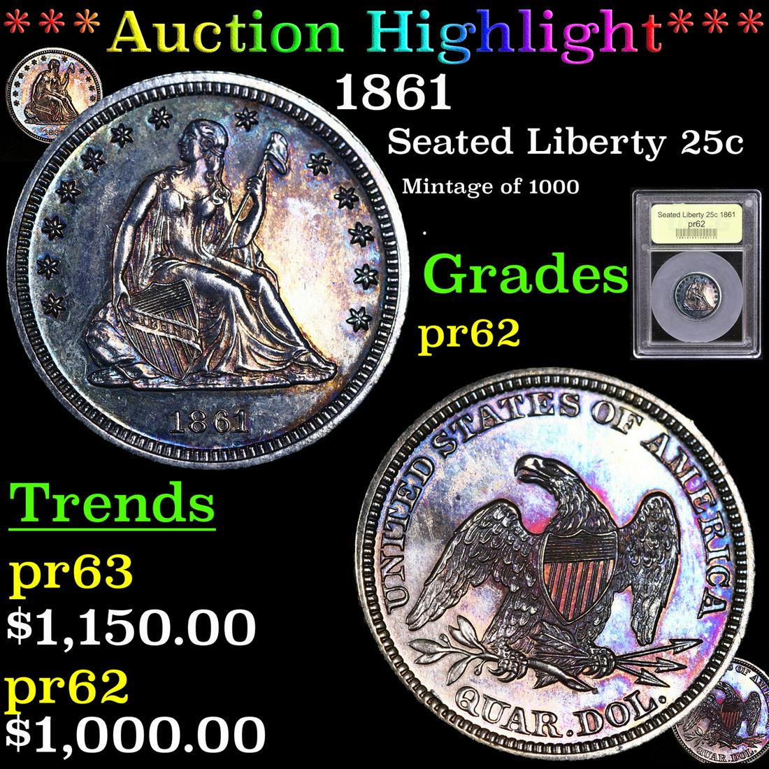 Proof ***Auction Highlight*** 1861 Seated Liberty (1 of 5)