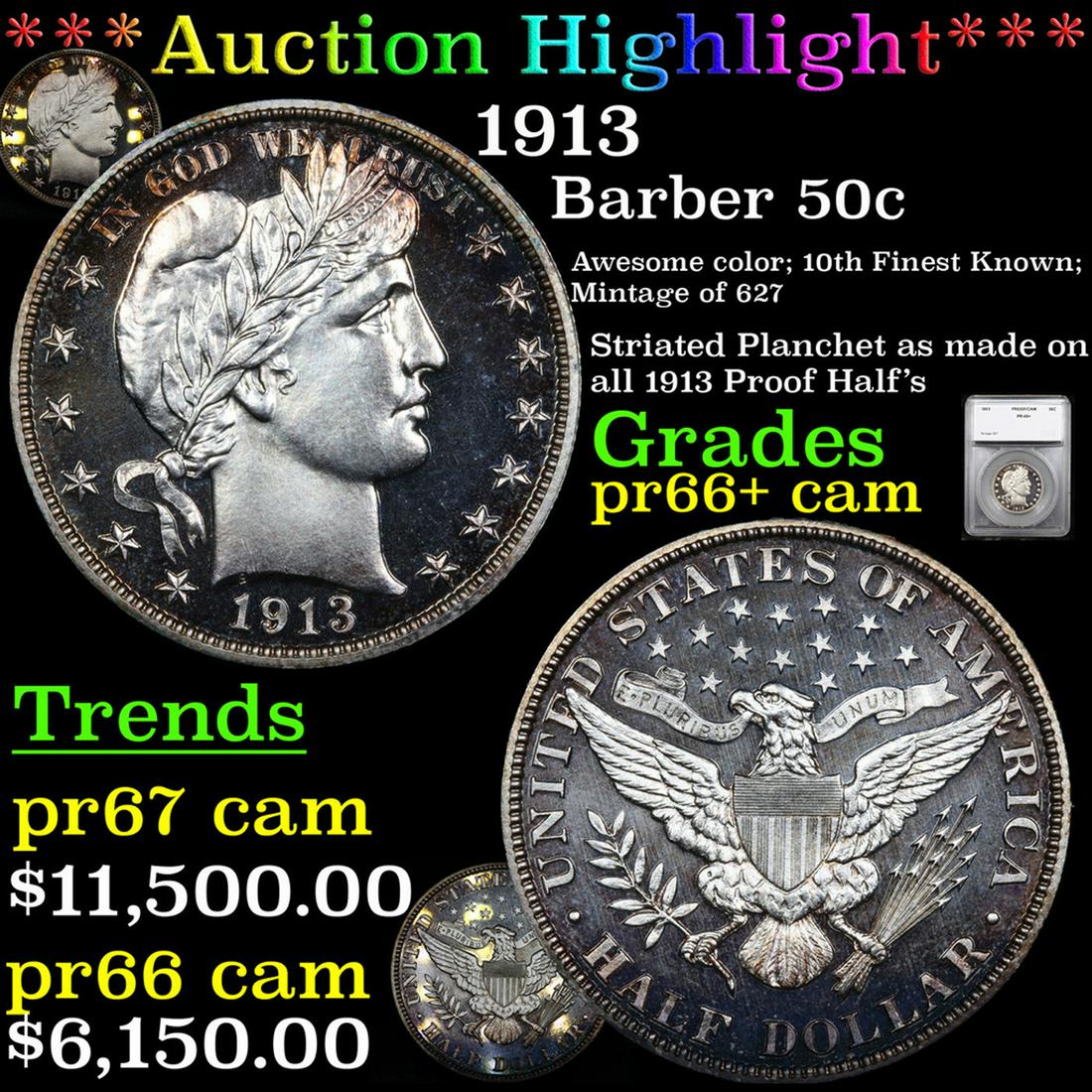 Proof ***Auction Highlight*** 1913 Barber Half Dollars (1 of 7)