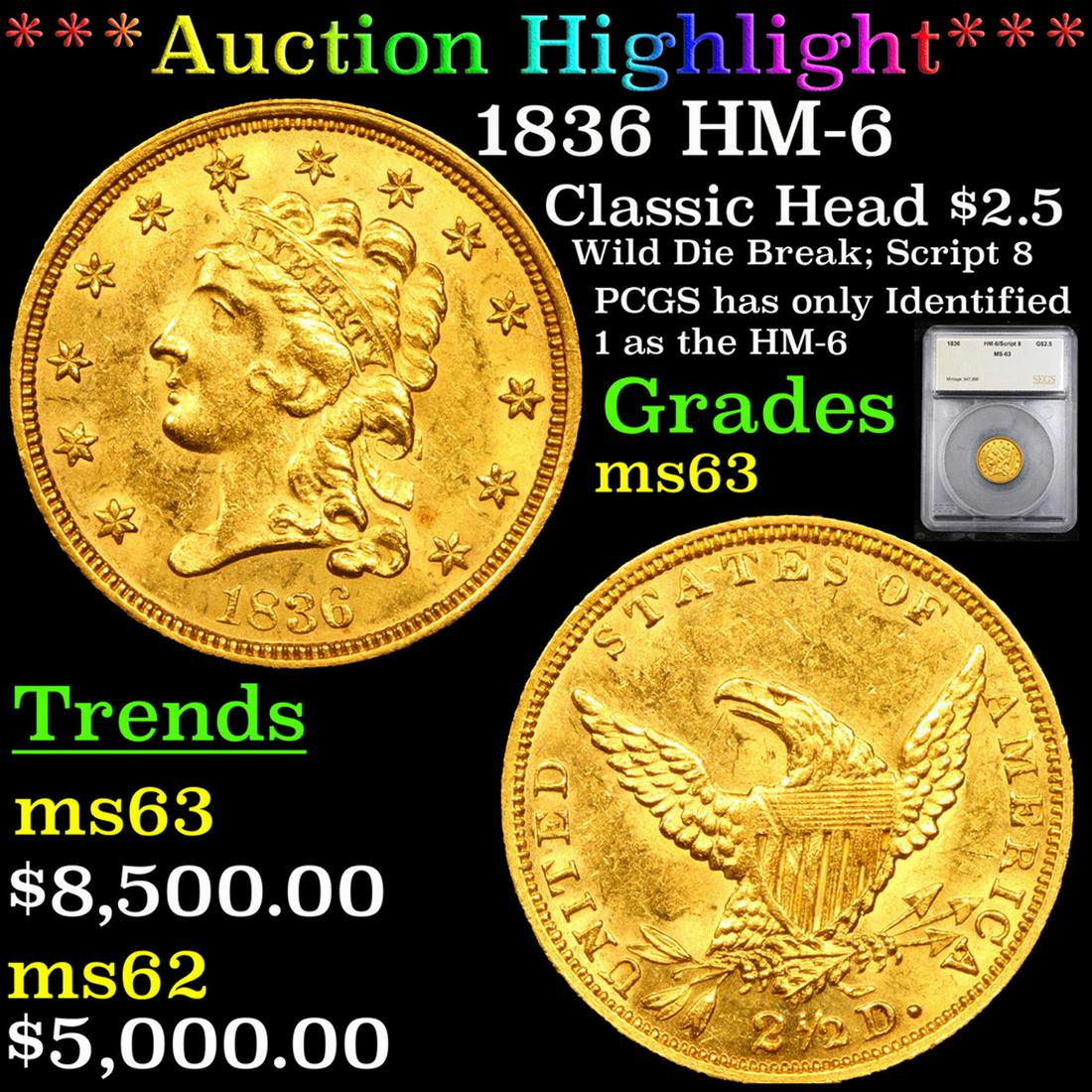 ***Auction Highlight*** 1836 Classic Head $2.5 Gold (1 of 5)