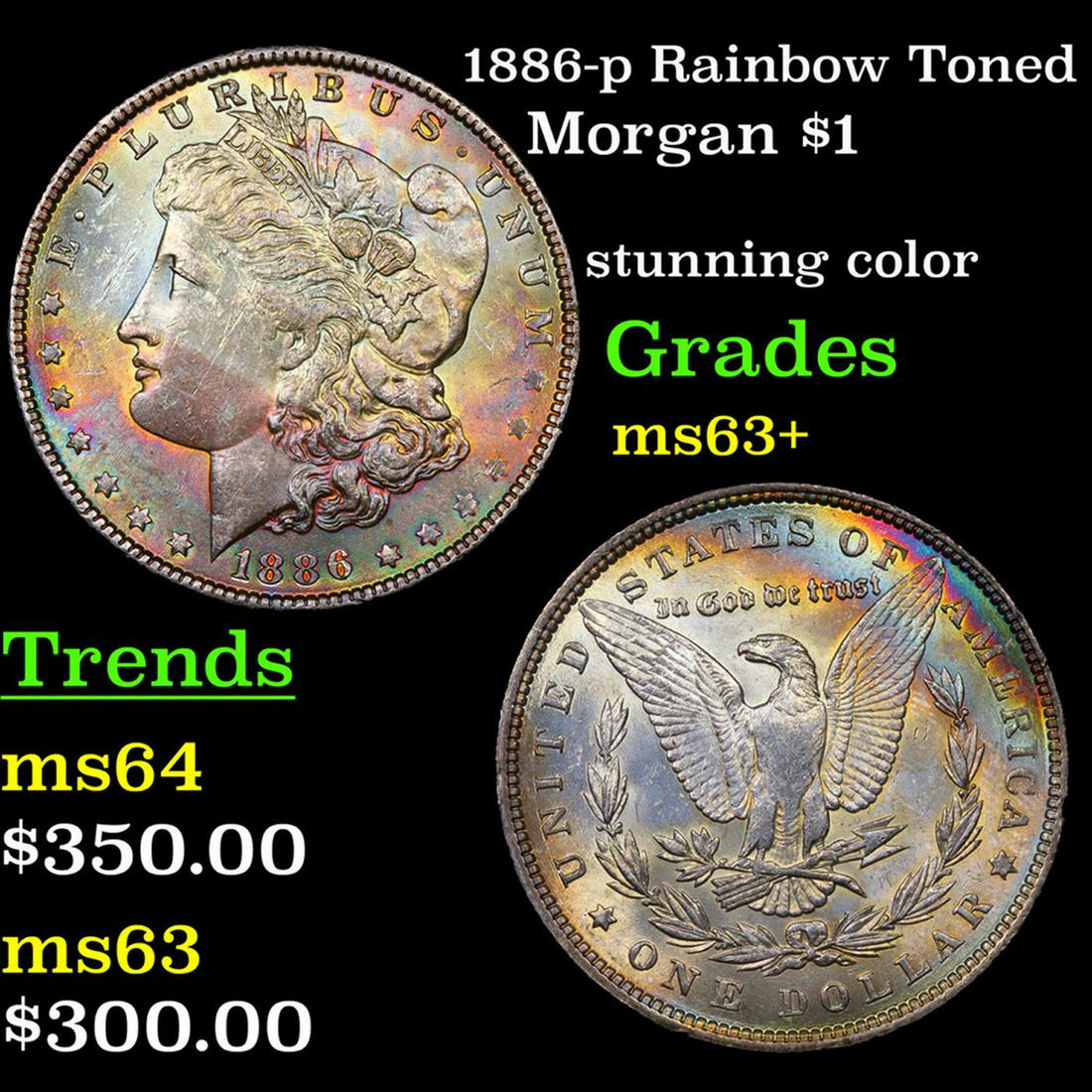 1886-p Rainbow Toned Morgan Dollar $1 Grades Select+ (1 of 3)