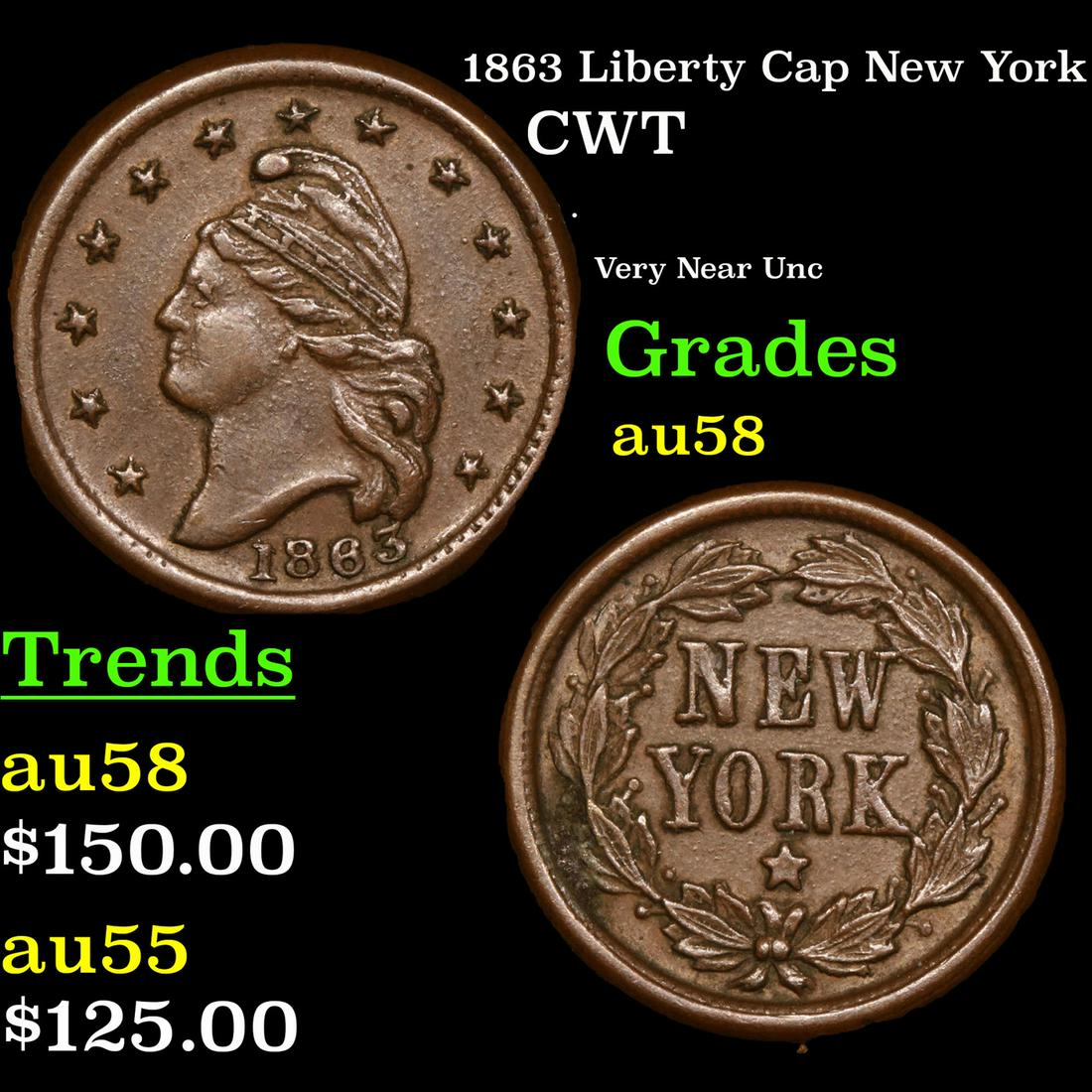 1863 Liberty Cap Civil War Token New York 1c Grades